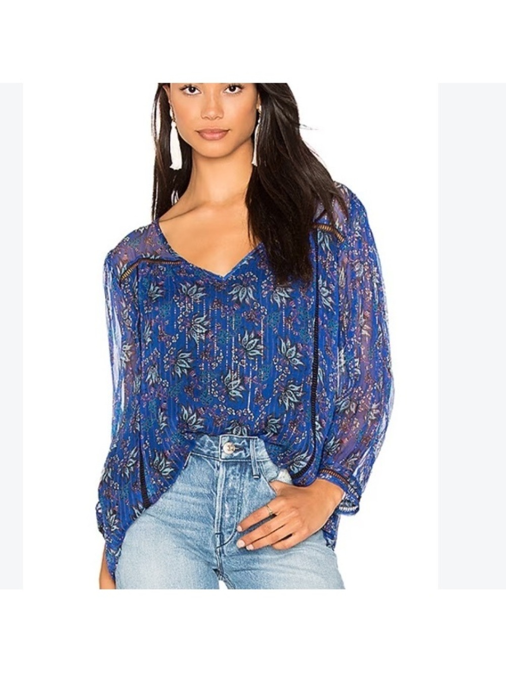 ba&sh Odelle Silk Blouse V-neck in Blue Floral Women’s size 2 Medium